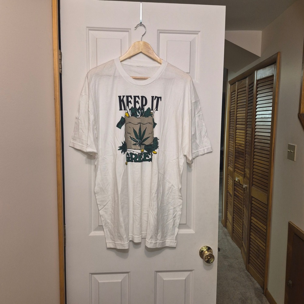 Mens Keep It Green Cannabis Graphic T-Shirt White Short Sleeve Streetwear Tee